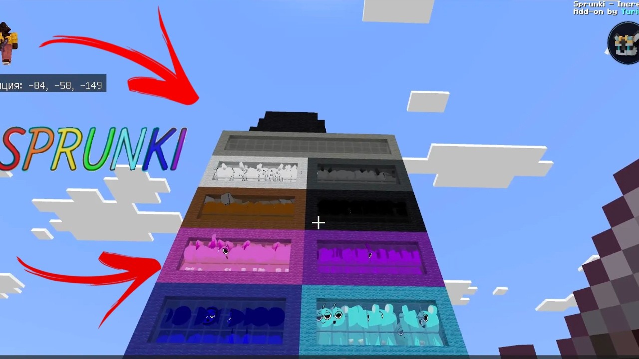 I built rooms for the Sprunki characters based on their colors, and on top I built a black roof.