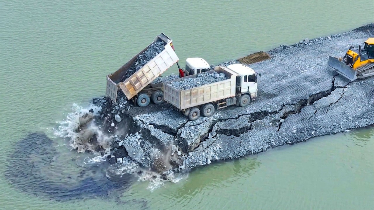 Building New Road By Equipment Skill Move Big Rock Stone And Heavy Bury Big Sink Land Dump Trucksa