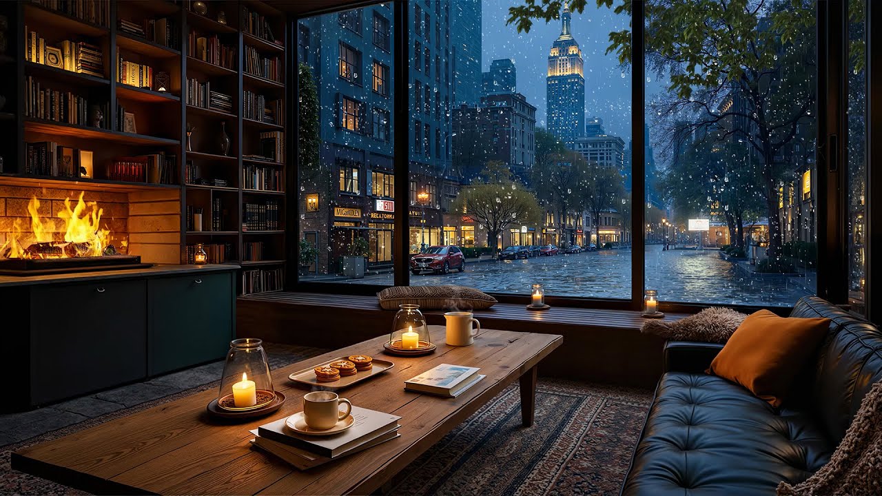 Rainy Warm Jazz Piano Café 🌧️ Cozy New York View Ambience for Reading, Studying & Sleep