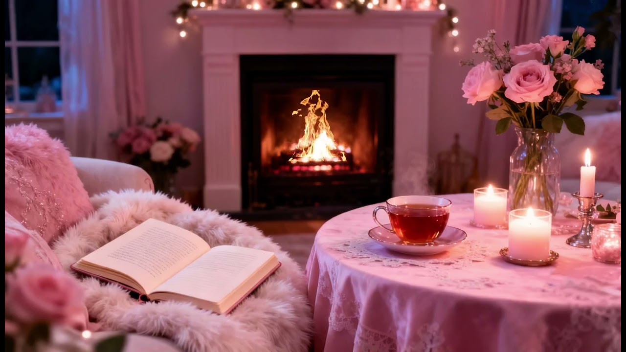 Pink fireplace reading ambience 🩷 cozy girly night background for studying & relaxing