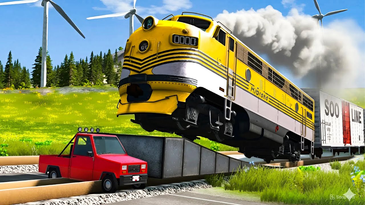 BeamNG Drive - Trains and Cars Crashes - Cars vs Fast Flowing River Challenge BeamNG.Drive