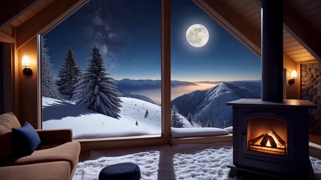 1 HOUR Snowy Mountain Cabin at Night 🌙 Fireplace & Full Moon Ambience for Sleep | CalmHour