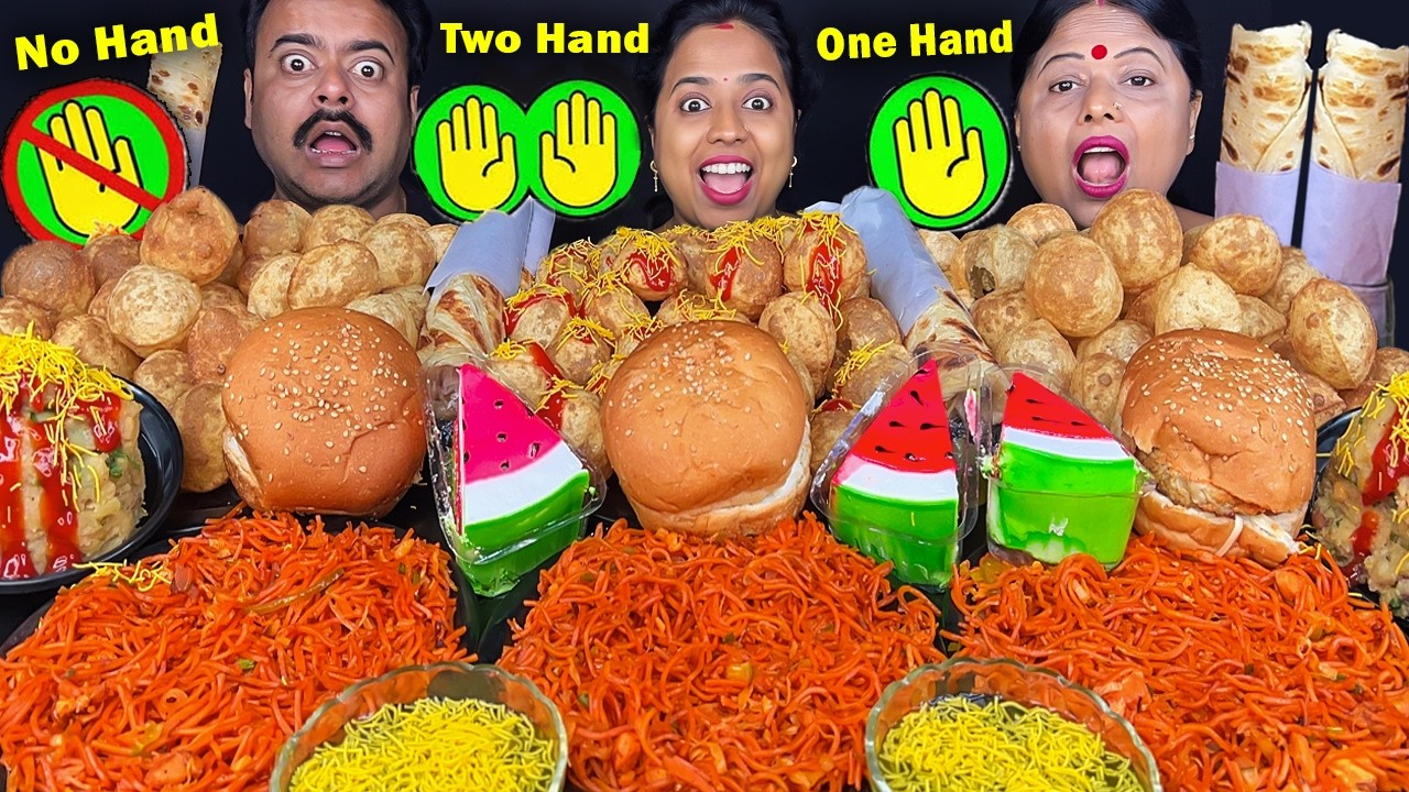 ONE HAND vs TWO HAND vs NO HAND EATING CHALLENGE VIRAL VIDEO MUKBANG ASMR BIG BITES EATING SHOW