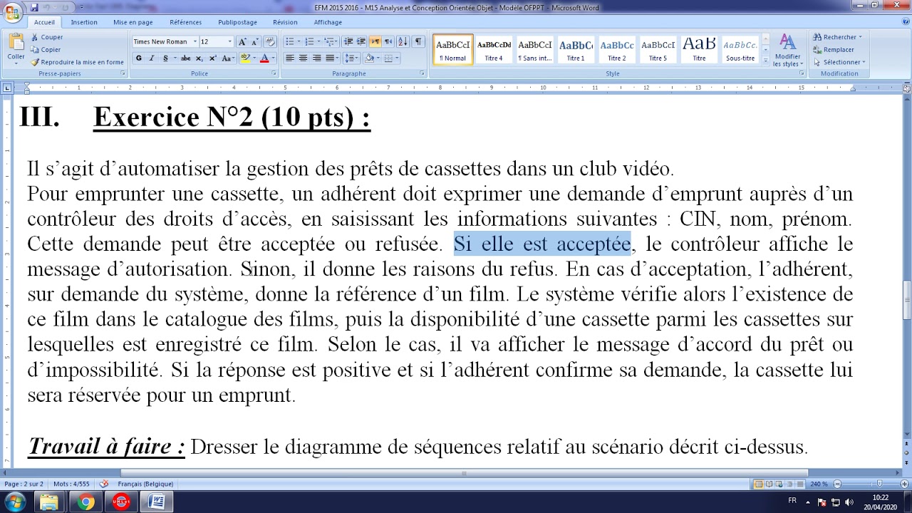 Vidéo 3: Diagramme de séquence, Exercice 2 : EFM 2015 2016