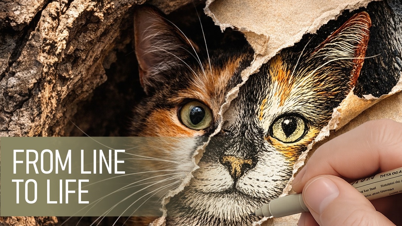 How to draw a cat in a tree hollow: Step by step 🌳🐈