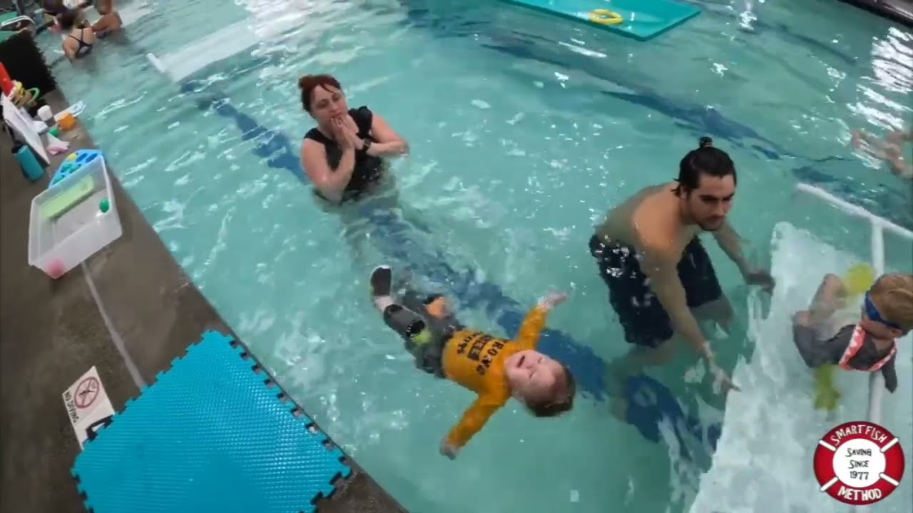 Teach swim babies to self-rescue by flipping to their backs, when they fall into a pool