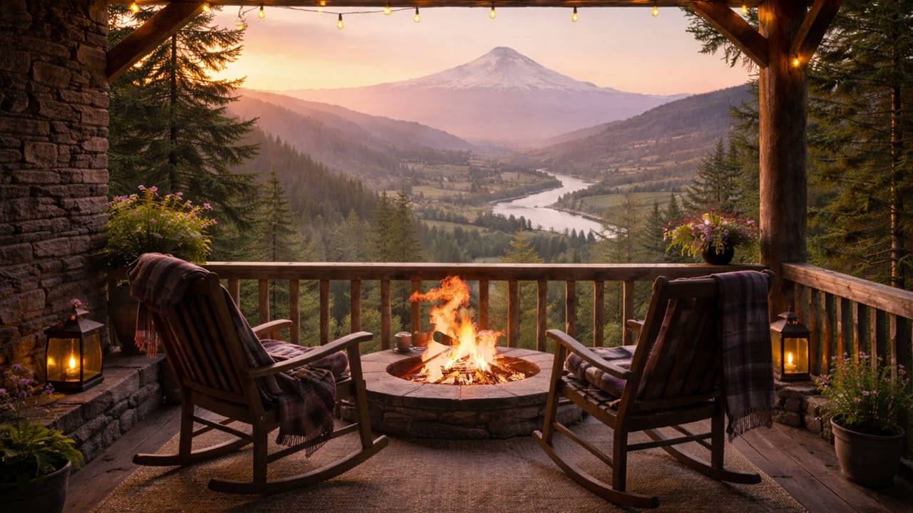Cozy Cabin Porch Fireplace | Pacific Northwest Sunset Ambience 4K