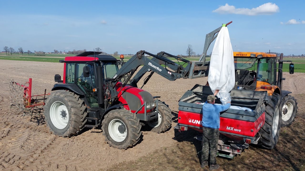 Rozsiewanie nawozów i bronowanie pod kukurydzę. Renault Ares 630RZ, Valtra A83, Unia MX1000, Autosan