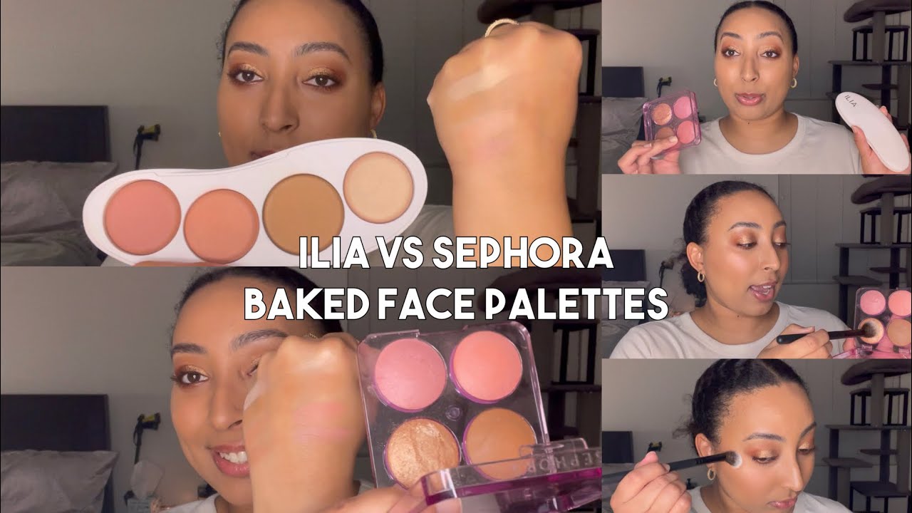 Ilia Ethereal Baked Face Palette vs Sephora Colorful Face Palette Swatches & Side-By-Side Comparison