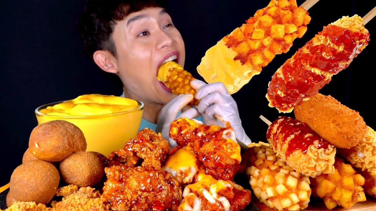 ASMR 바삭삭 라면땅 맵구마 통모짜렐라 핫도그 핫치즈 꿀간장 빅싸이순살치킨 먹방~! Crispy Cheese Corn Dog With Cheesey Chicken MuKBang!