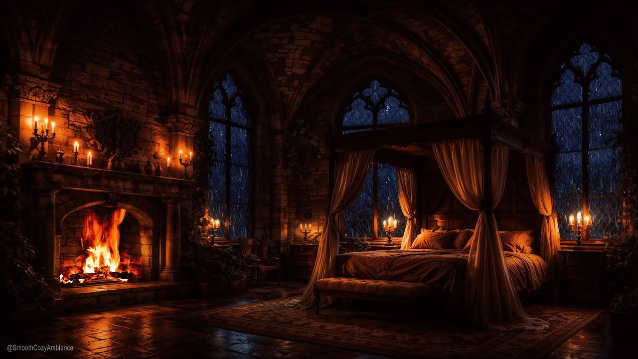 Cozy Gothic Castle Bedroom - Rain & Thunderstrom Ambience