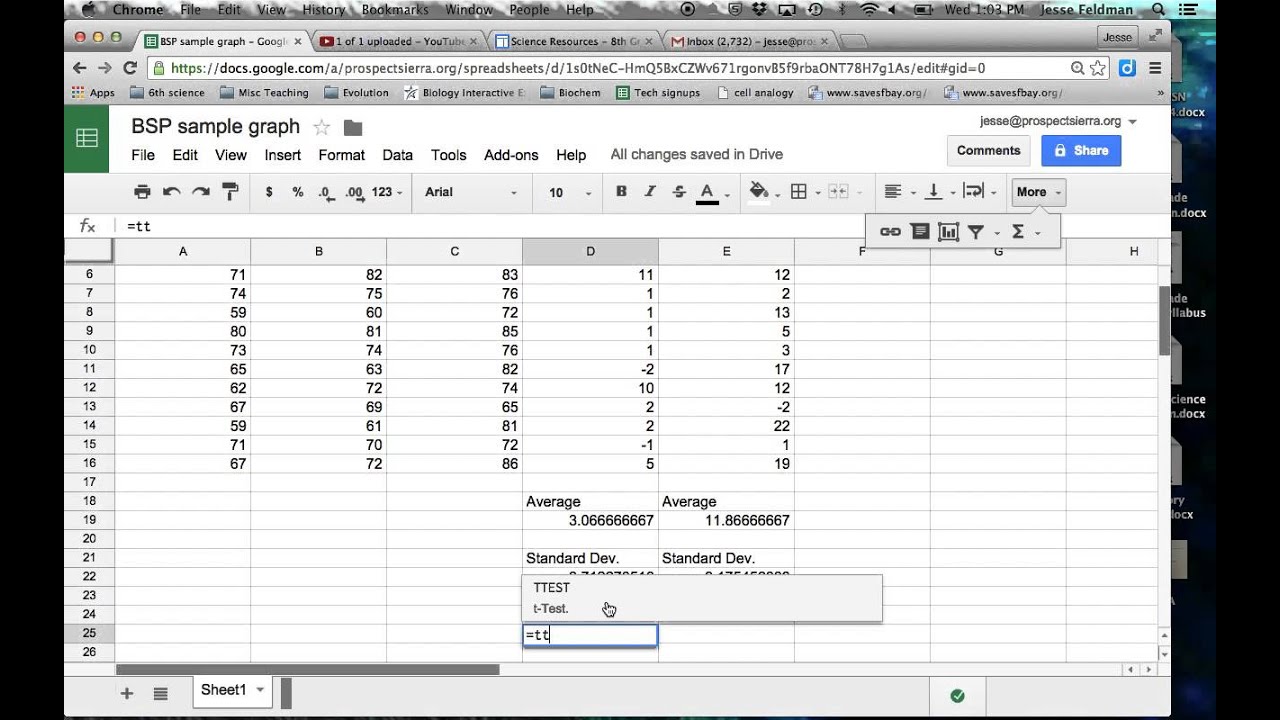 How to do a t test in Google Sheets