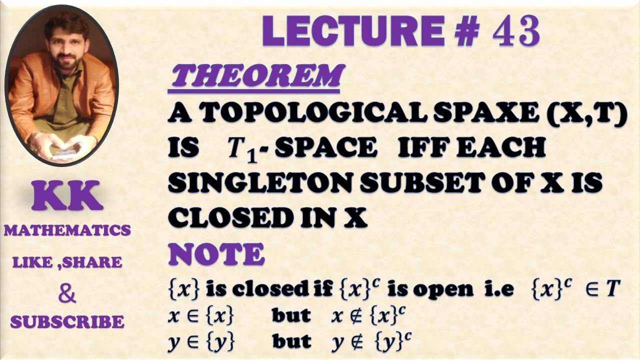 THEOREM:  A TOPOLOGICAL SPACE (X,T) IS T1-SPACE IFF EACH SINGLETON SUBSET OF X IS CLOSED IN X