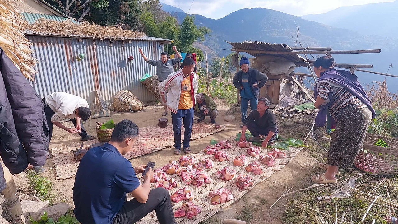 sharing village local PORK || local life in the village with villagers || life in rural Nepal ||