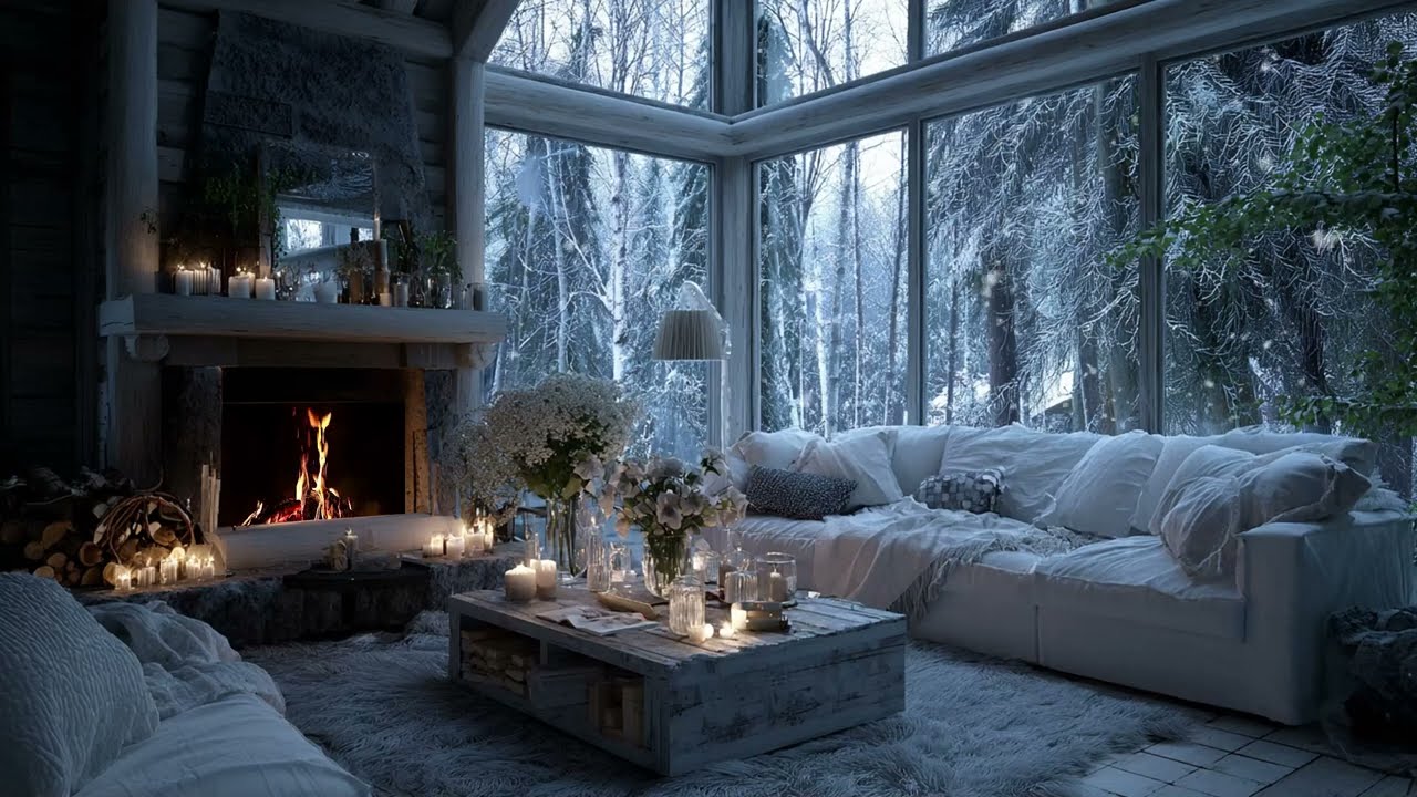 Snowy Forest Serenity: Soft Piano Melodies and Warm Cabin Fireplace for Mindfulness