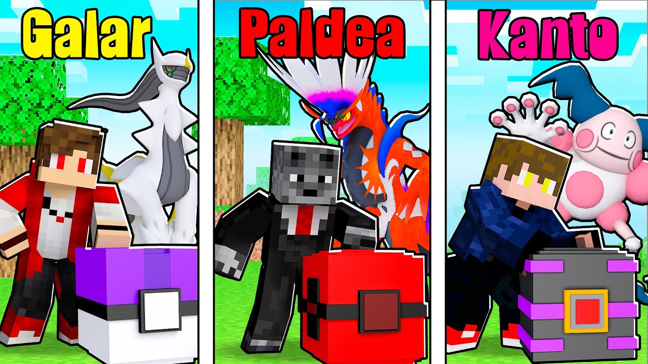 Lucky Pixelmon de Paldea vs Kanto vs Alola com Pokemon Inicial vs Lendario no Minecraft