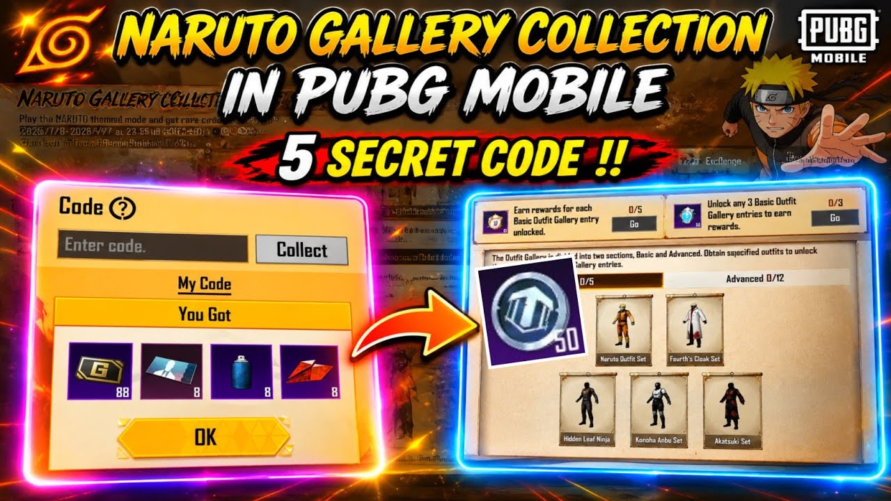 😍5 CODES FOR THE NARUTO GALLERY COLLECTION EVENT IN PUBG MOBILE | GET FREE 50 LUCKY COINS & 8 MAT...