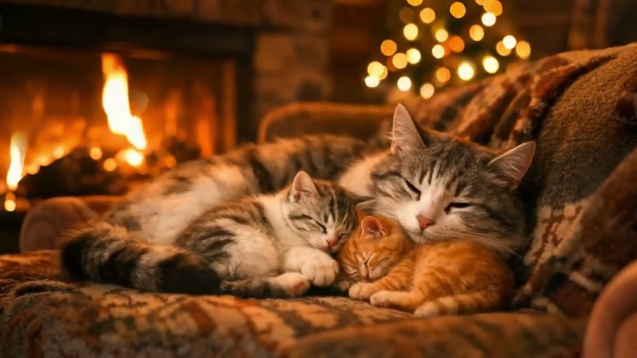 The Most Adorable Moment! A Mother Cat Puts Her Kittens to Sleep Near the Fireplace