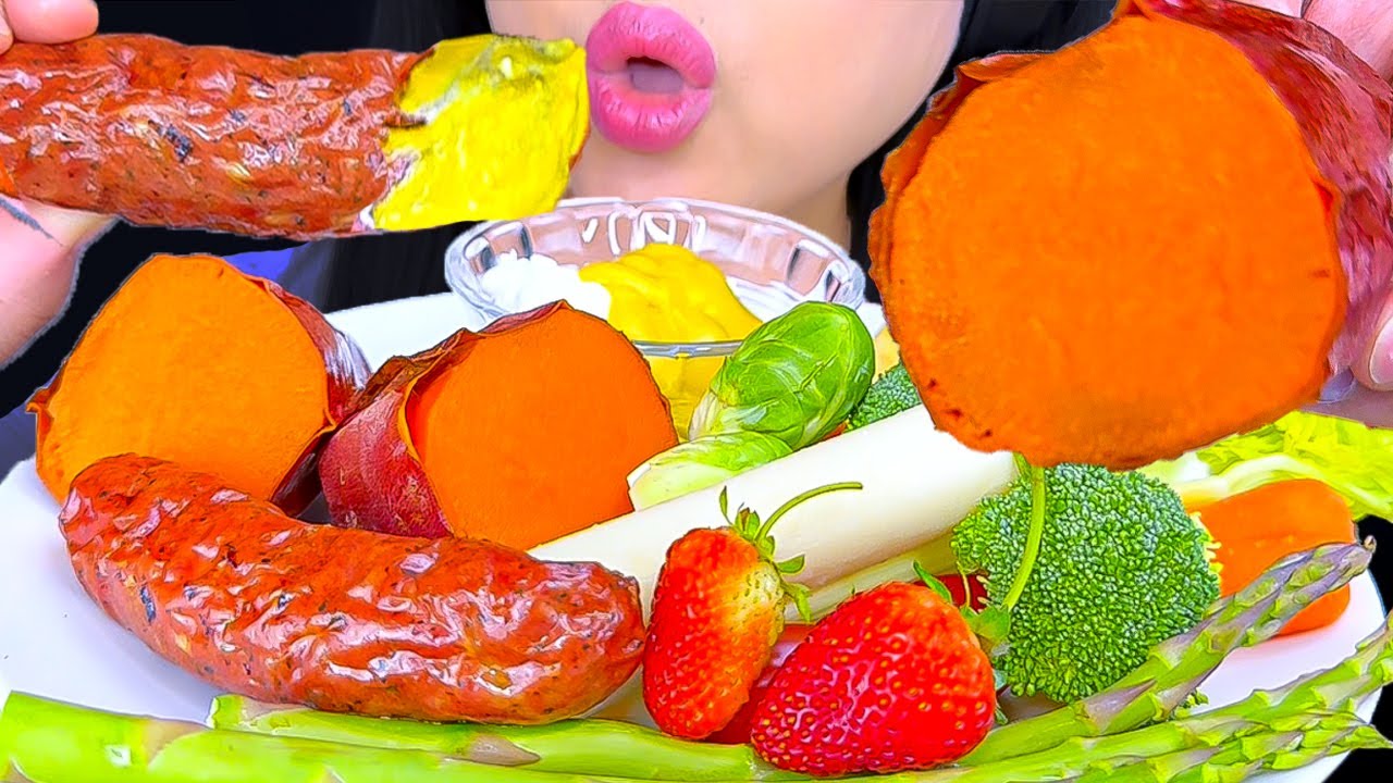 ASMR GIANT Sausage AND Veggies DIPPED in COTTAGE CHEESE & Mustard (Eating Sounds) ASMR Phan