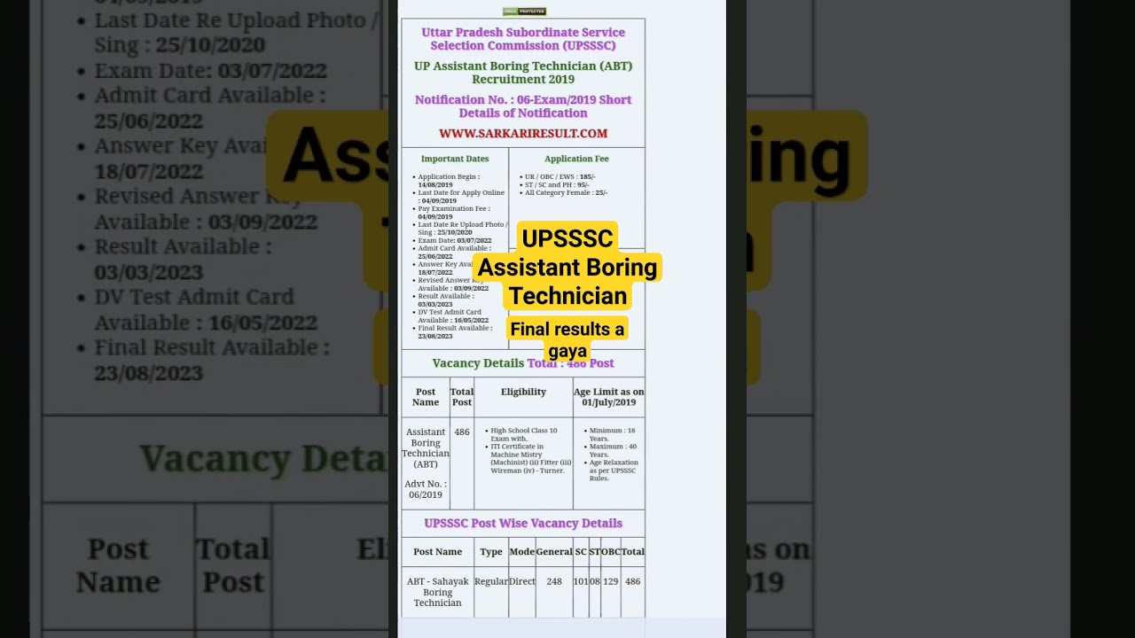 UPSSSC Assistant Boring Technician 2019 Final Result 2023 || #upsssc #shorts