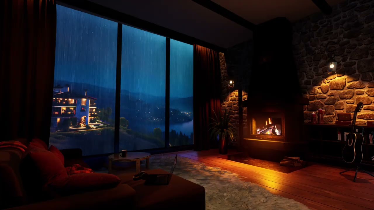 Relaxing Piano Fireplace Music 🔥 Instrumental Fireplace Ambience And rain sound