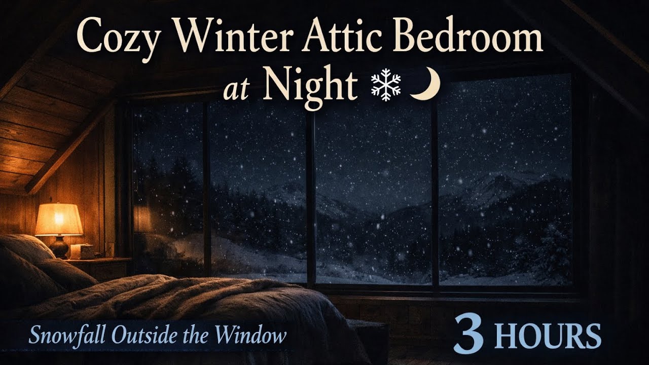 Cozy Winter Attic Bedroom at Night ❄️🌙 | Snowfall Outside the Window | 3 Hours