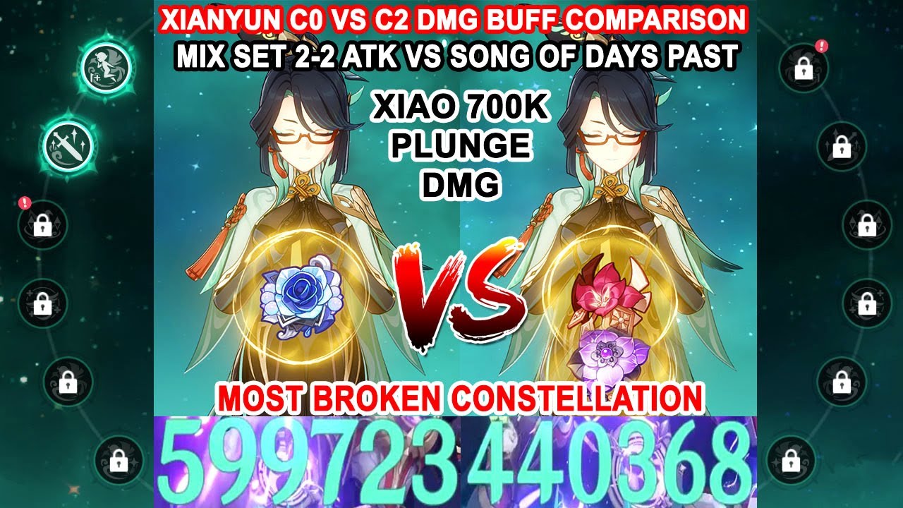 Xianyun C0 vs C2 DMG Buff Comparison - Mix Set vs Days Past | Xiao Broken 700k Plunge DMG Per Hit