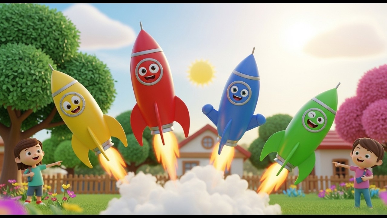 Vier kleine speelgoedraketten Zoom Zoom Zoom | Ruimtevaartliedjes & Tellen voor Kinderen