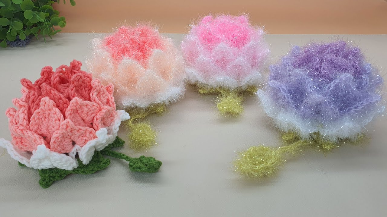 연꽃등 조명 수세미 뜨기 / 연등 수세미 / flower crochet / 코바늘 수세미 /  Crochet Dish Scrubby