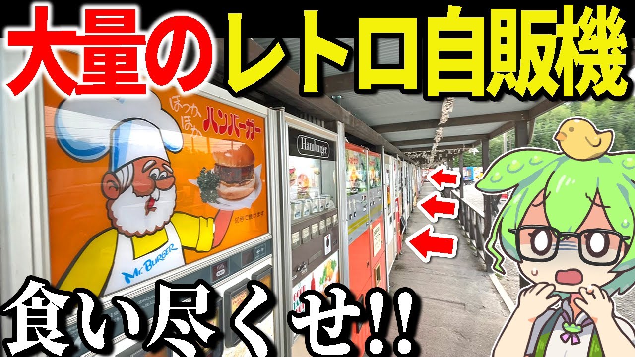 大量のレトロ自販機が並ぶ夢の空間で限界食い！食いつくしてやらあ！！ 中古タイヤ市場 相模原店 レトロ自販機コーナー【ずんだもん＆ゆっくり解説】