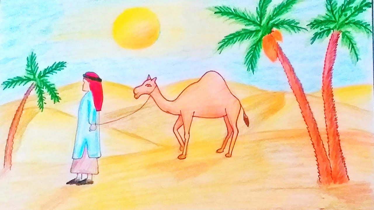 رسم منظر طبيعي جميل تعلم رسم جمل في صحراء خطوة بخطوة⁦ ⁦  How to draw  scenery of Desert Step by Step