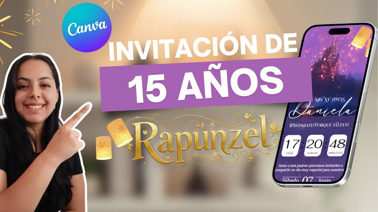 Invitación de Rapunzel para 15 años en Canva ✨ Con Cuenta Regresiva