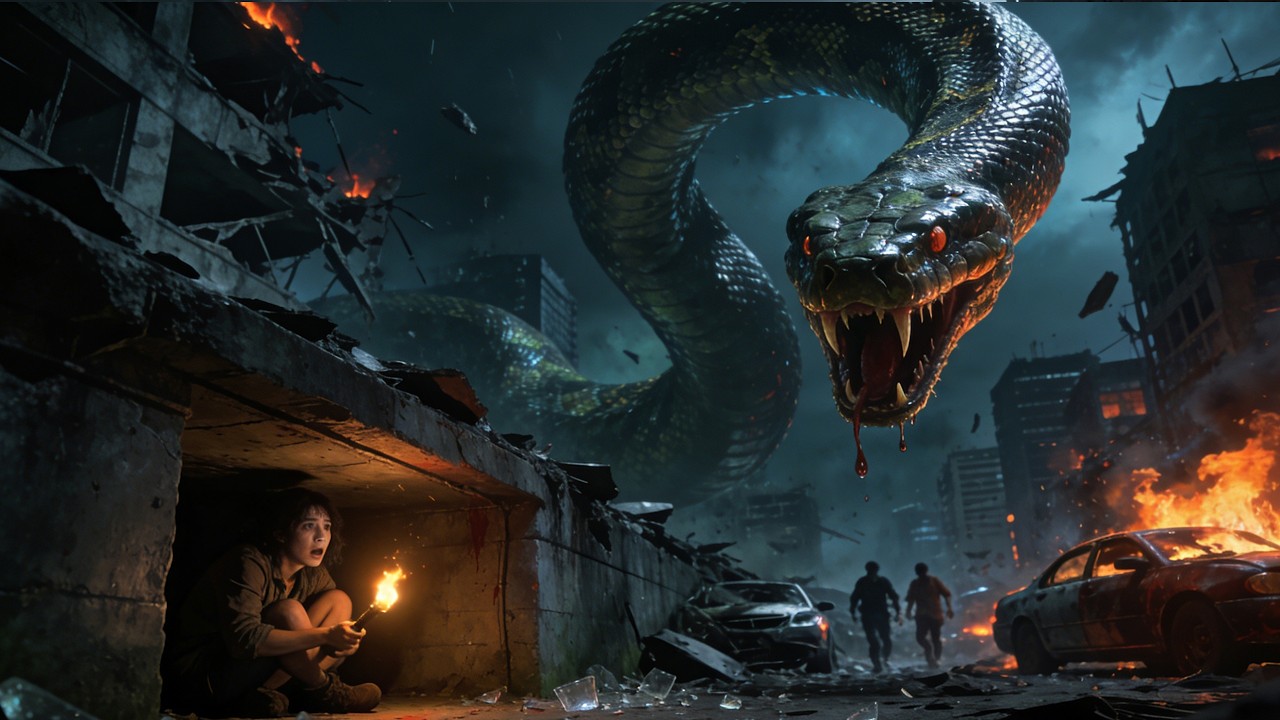 Чудовище вторглось город в руинах последние люди борются за выживание