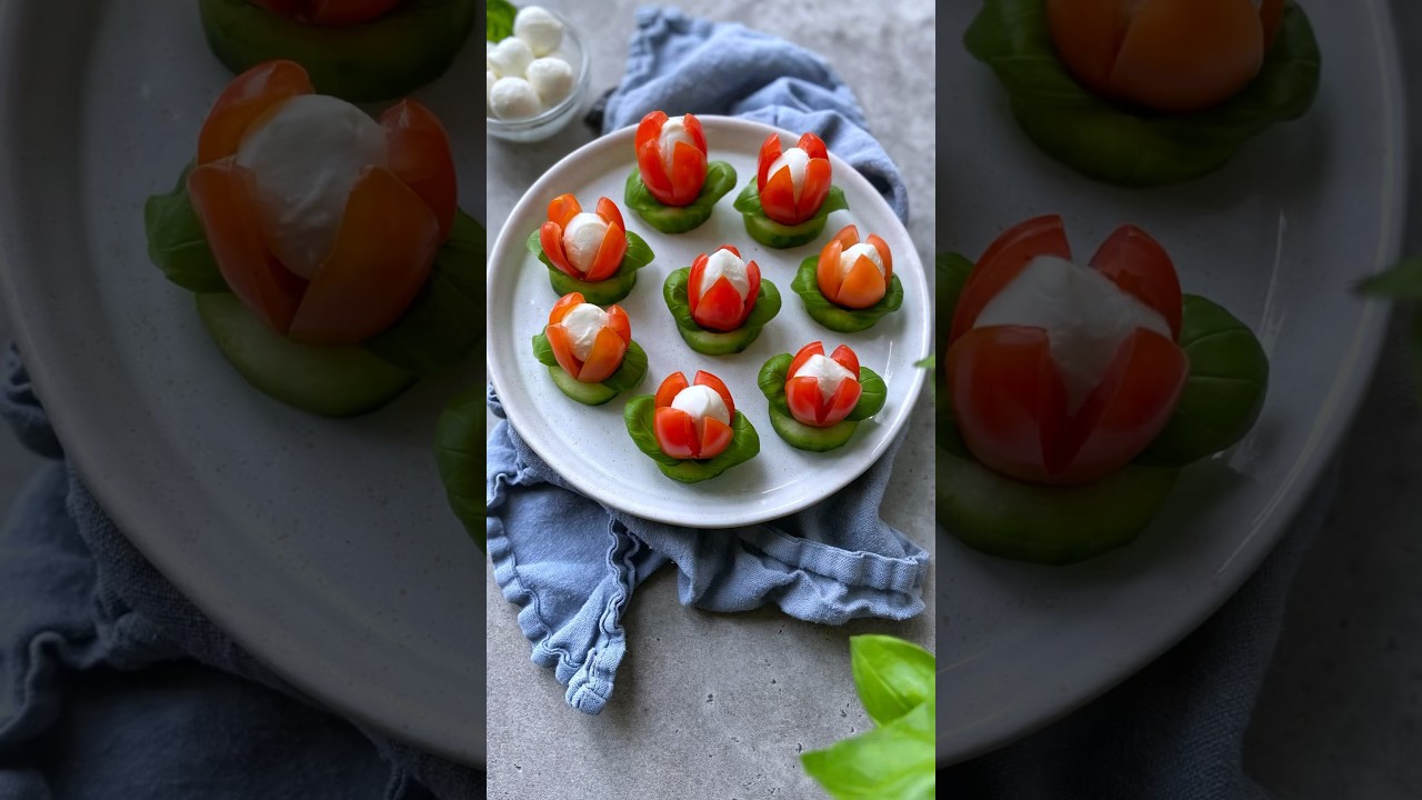 CUCUMBER, CHERRY TOMATO & MOZZARELLA FLOWER APPETIZERS #shorts #eathealthy