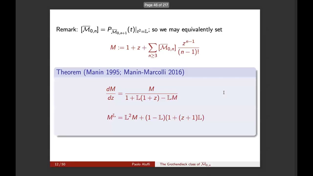 Paolo Aluffi, part1, The Grothendieck class of the moduli space of pointed stable curves of genus 0