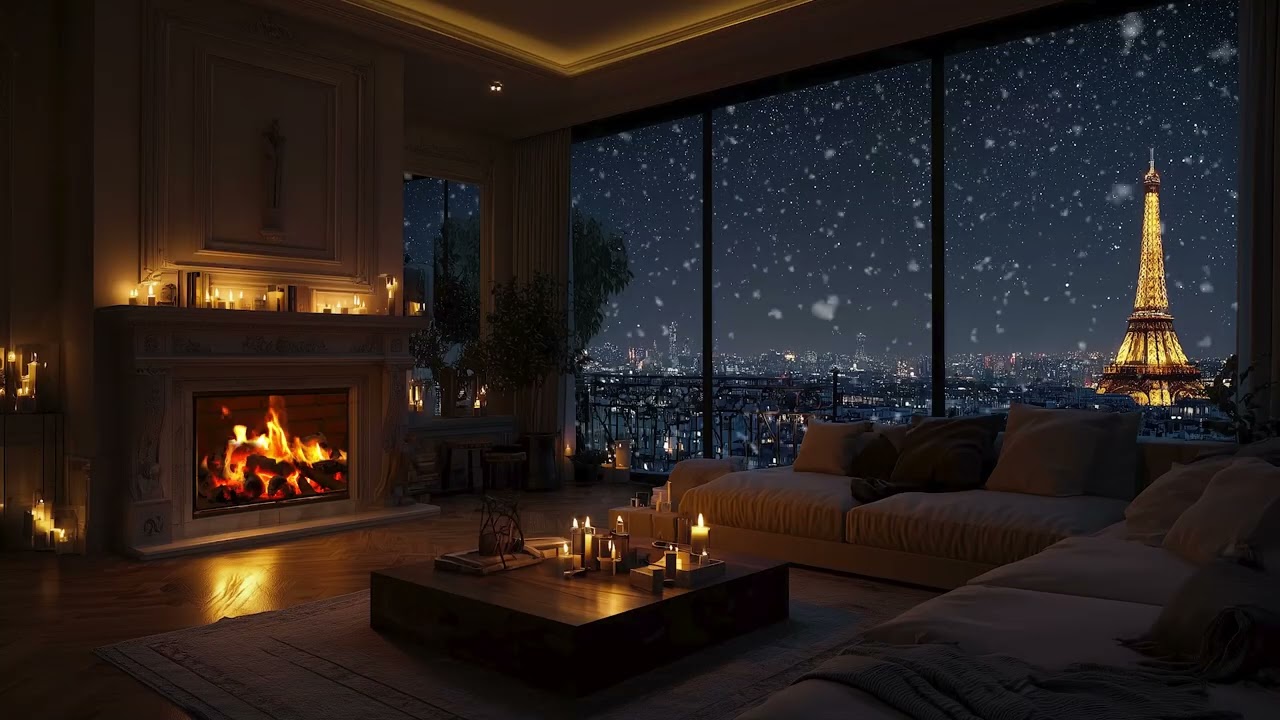 Tranquil Living Room Ambience with Elegant Jazz Music ❄️ Warm Fireplace & Snowfall for Relax🔥