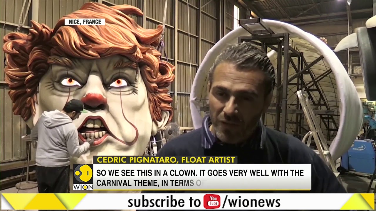 Clown-faced politicians and cinema mix at Nice Carnival