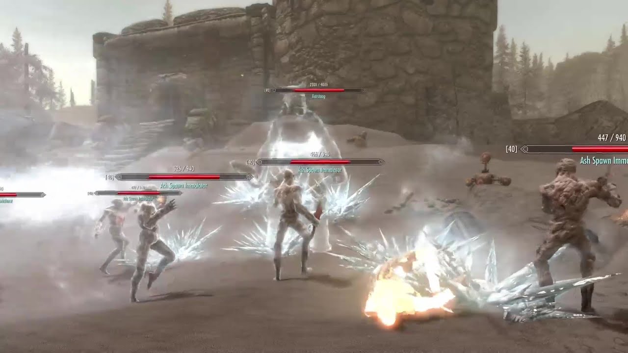 Skyrim Battles - Ash Spawn Immolators vs. Falx Carius, Keeper, Karstaag, and more