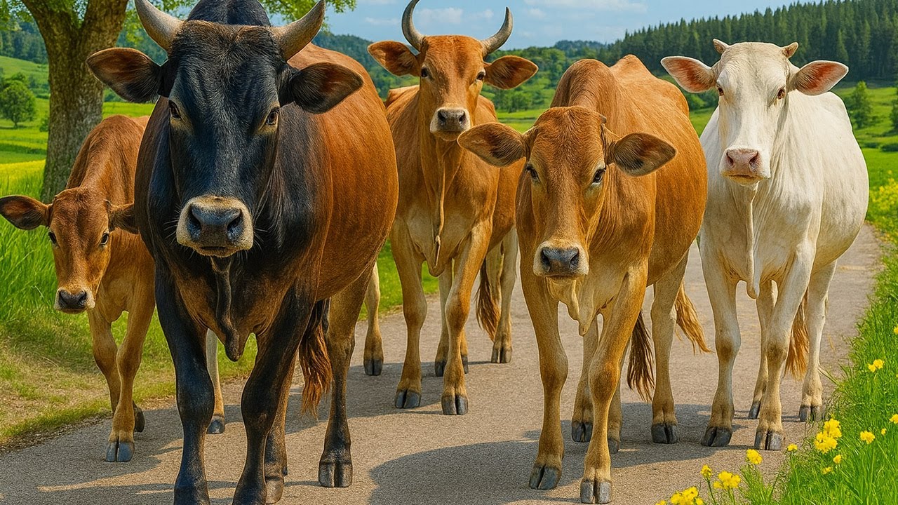 Sapi jinak berjalan keluar dari sawah menuju kandang, suara moo alami, jalan desa
