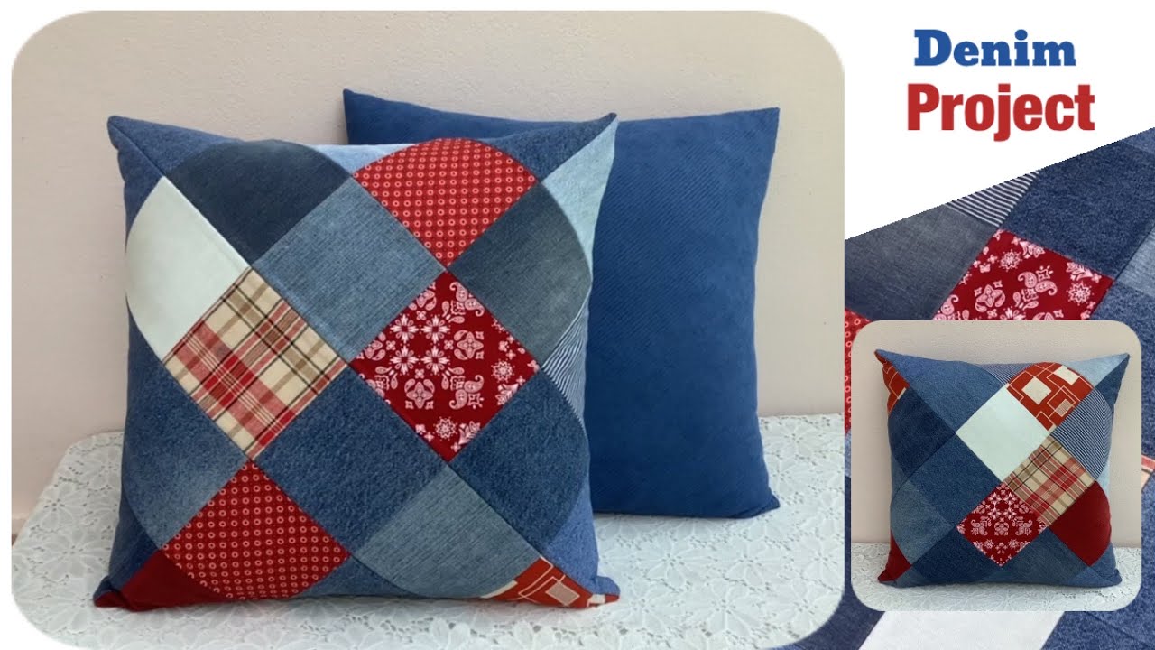 Easy to sew a denim pillow case tutorial,quick and easy to sew pillow case patterns ,denim patchwork