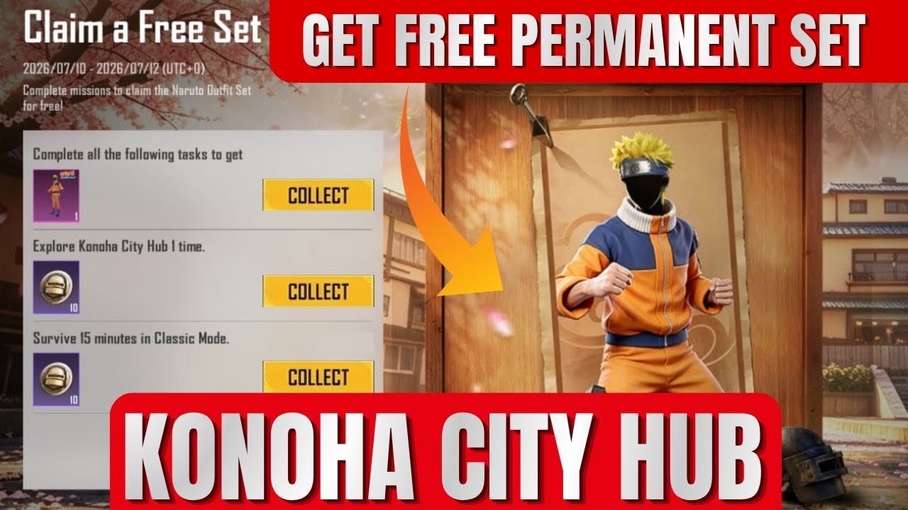 EXPLORE KONOHA CITY HUB 1 TIME PUBG MOBILE | GET FREE PERMANENT NARUTO SET