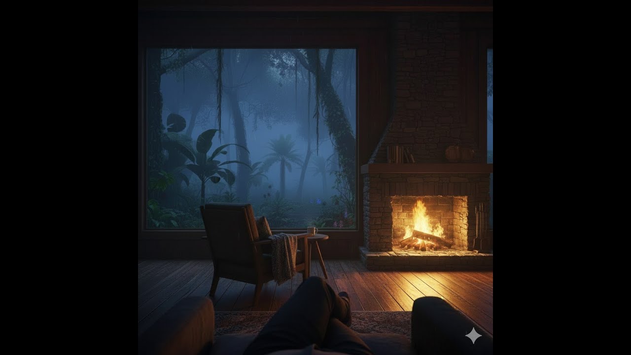 White Noise - 10 hours - Cabin in a Tropical Forest with a Lit Fire