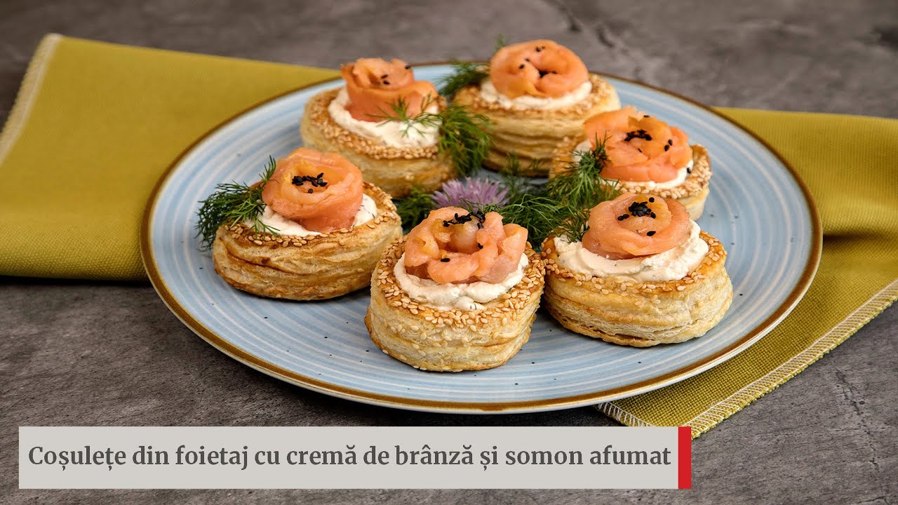 Coșulețe din foietaj cu cremă de brânză și somon afumat