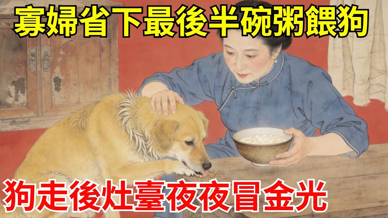 大旱三年，寡婦省下最後半碗粥餵給癩痢狗，村民笑她瘋。誰知狗走後，她家竈臺夜夜冒金光，米缸自滿！當初罵她的人跪求借碗，她笑道：狗說，心善者得食。#故事頻道#聽書#民間故事#說書#善有善報#爽文