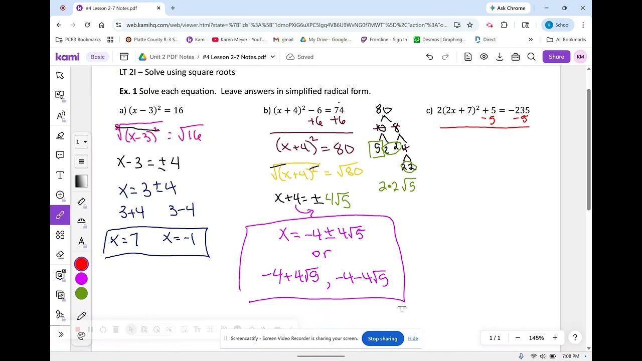 Alg 2 Lesson 2-7 Solving eq using sq roots Notes