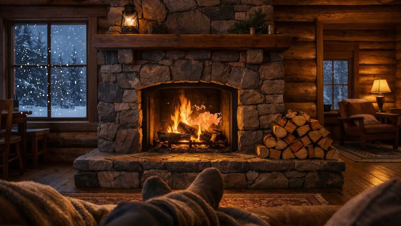 Winter Cabin Fireplace POV | Cozy Snowfall Ambience for Relaxation, Sleep & Focus