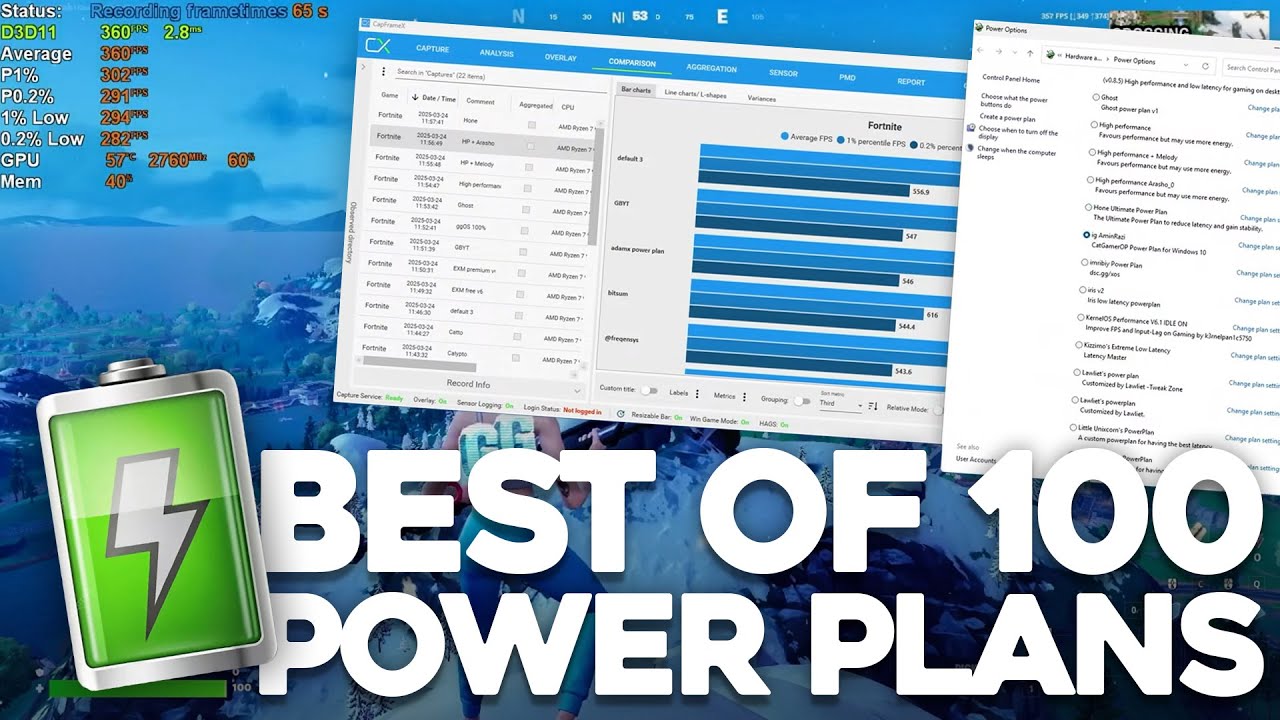 testing 100 custom power plans 🔋fortnite fps test capframex 9800x3d 4060 windows 11 24h2