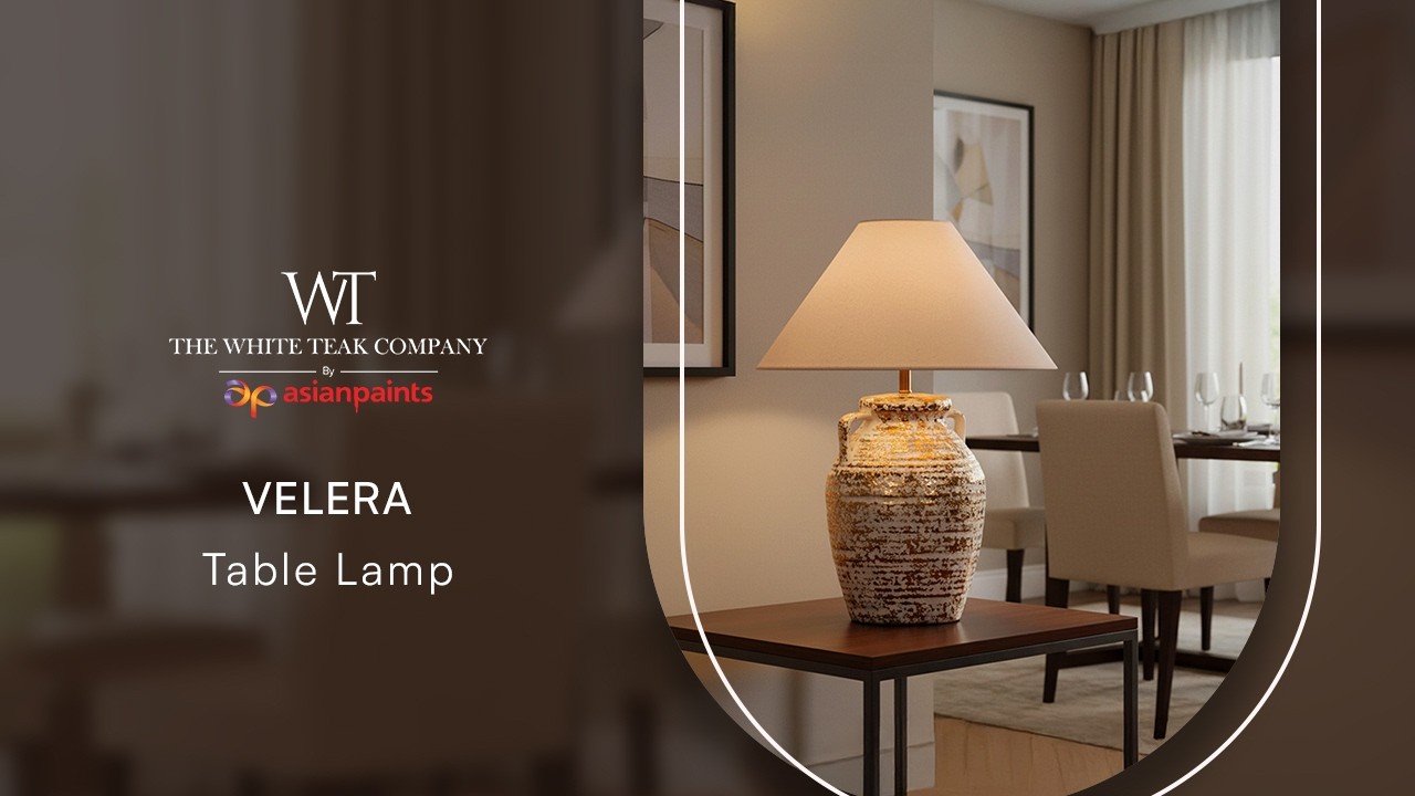 Velera White, Gold Fabric Table Lamp | The White Teak Company by Asian Paints