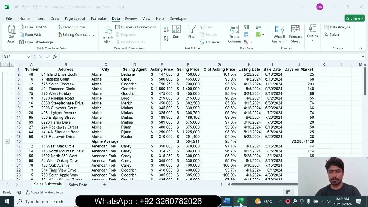Exp22_Excel_Ch05_ML1_RealEstate | Exp22 Excel Ch05 ML1 RealEstate | excel Ch05 ML1 RealEstate