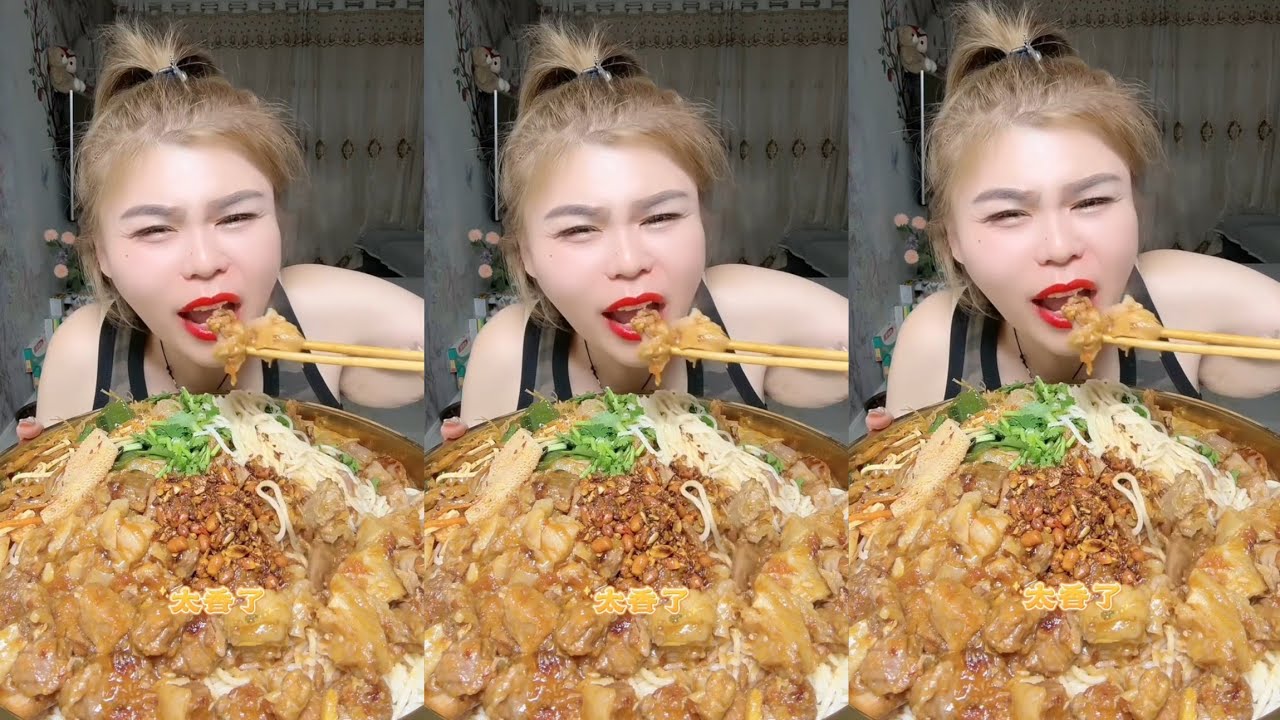 Mukbang #: Eat pig brain belly pork, Fried skewers #noodles #meat #eatingshow 